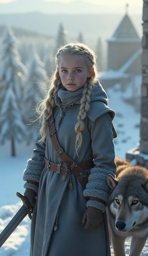 

A breathtakingly epic depiction of a young blonde girl with slightly purple eyes, her hair intricately braided, holding a gleaming sword, and accompanied by a friendly wolf pup. She stands atop the towering parapet of a medieval castle, dressed in heavy ...