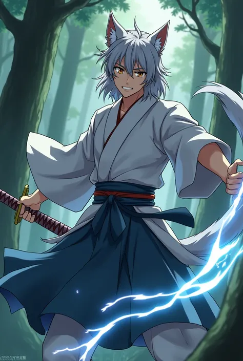  male anime character ,  with gray hair and wolf ears ,  tree in the anime format ,  holding a sword with lightning ,  effects he must have brown anime-style eyes, And wear a kimono ,  with wolf fangs like from the anime , he must be smiling,  with a sword...