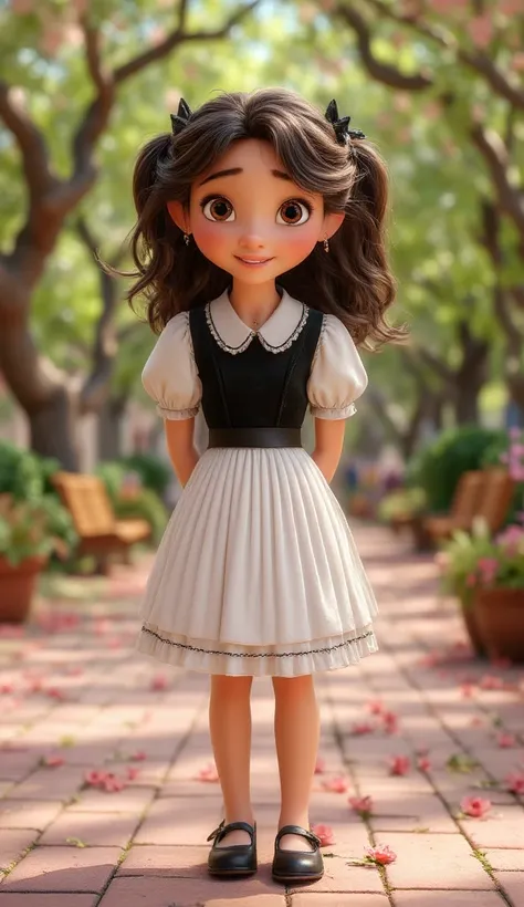 A young girl, likely of East Asian descent and around 2-, is centrally positioned on a paved path.  She is wearing a black and white pleated dress with ruffled sleeves and a layered design. The dress features a black top section transitioning to a white pl...