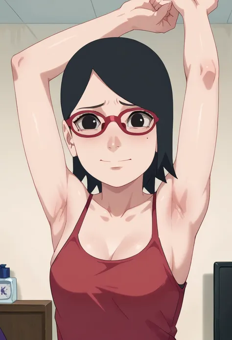 1girl,nsfw,hughres, sarada,short hair,red frame glasses,black eyes,black hair , Worried brow ,smile,,room,Armpit,Armpit wrinkles,Arms up,Stretch,