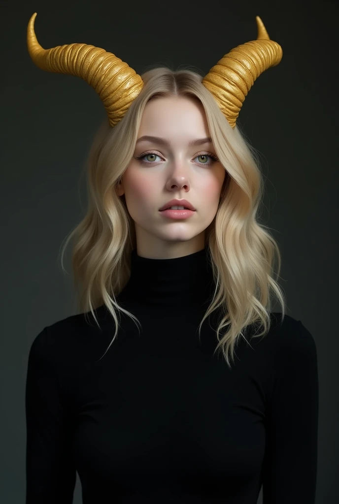 Blonde girl with golden horns black turtleneck 