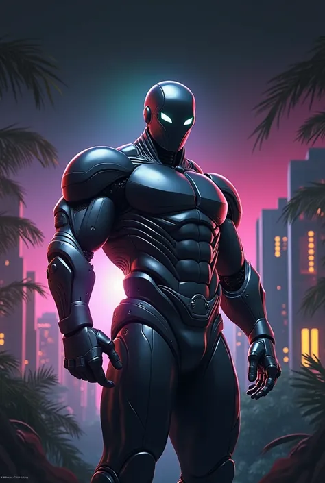 retrofuturista, man, strong and sturdy build   ,   full body black reflective metallic armor ,  smooth black mask without facial features such as eyes or nose or mouth  , retrowave