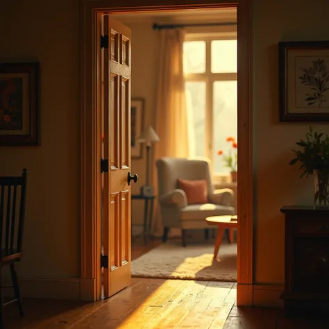 A warm and inviting image featuring a half-open wooden door, with soft golden light spilling out from the inside. The door is slightly worn, with creaking hinges and paint worn thin, giving it a nostalgic and sentimental feel. The doorway leads to a cozy a...