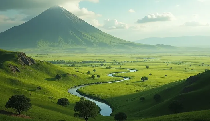  complete landscape of a huge Andean field with Grass  , a river in the center ,  trees near the river and a path that leads up to a mountain ,  landscape seen from 10,000 meters high 