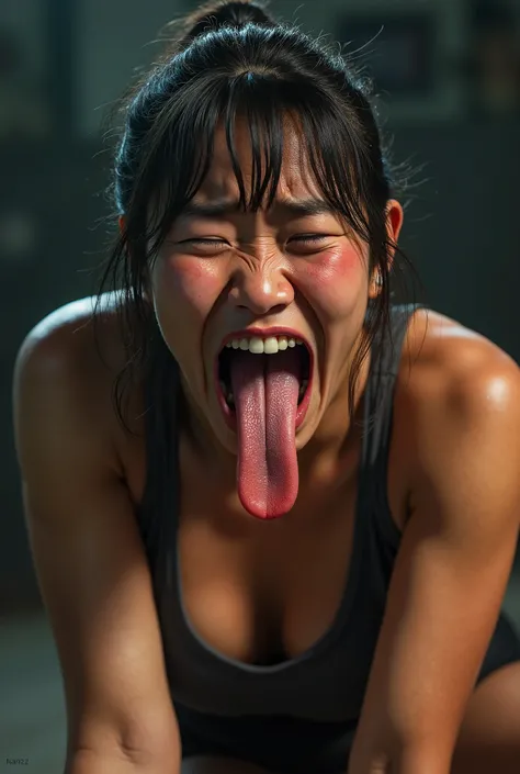 Exhausted wrestling Asian woman ,  eyes closed, sad eyebrows, The mouth very open, mouth corners down and the big tongue hanging out, very big and definide arm muscles