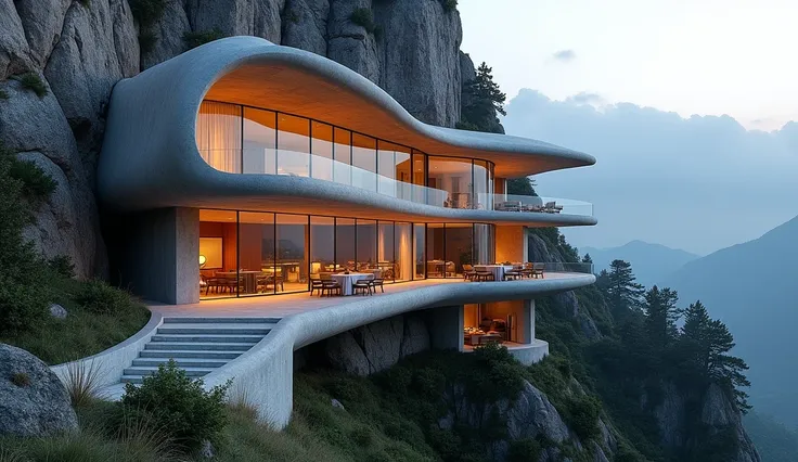 A modern ,  organically designed building ,  that nestles elegantly against a rocky viewpoint and offers a wide view of the valley.  The architecture is characterized by curved lines ,  flowing forms and open platforms ,  that are connected to each other ....