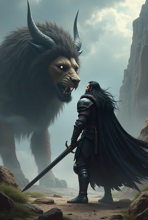 Generate an image of a warrior man with long black hair and a beard wearing light black medieval armor facing a fantasy manticore with a two-handed long sword