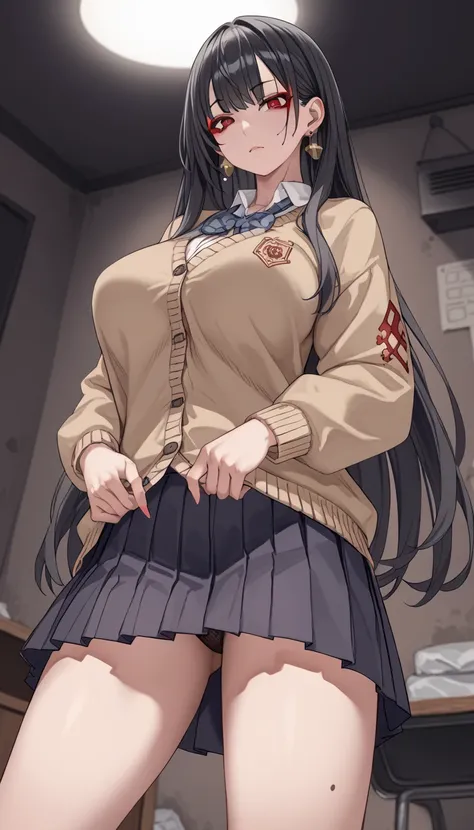  Female High School Student Who Came to Clean a Dirty Dirty Room、 Trash Scattered in the Dark Room 、 angle from below、 super low angle、 Big Breasts 、 flashy earrings and  black long hair、 cool face 、Neat Kogal 、 Female High School Student b cardigan style ...