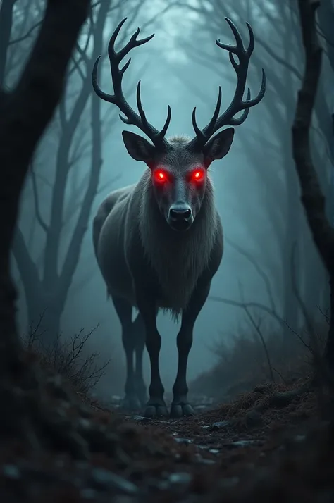 Evil reindeer with red eyes looking through a dark woods