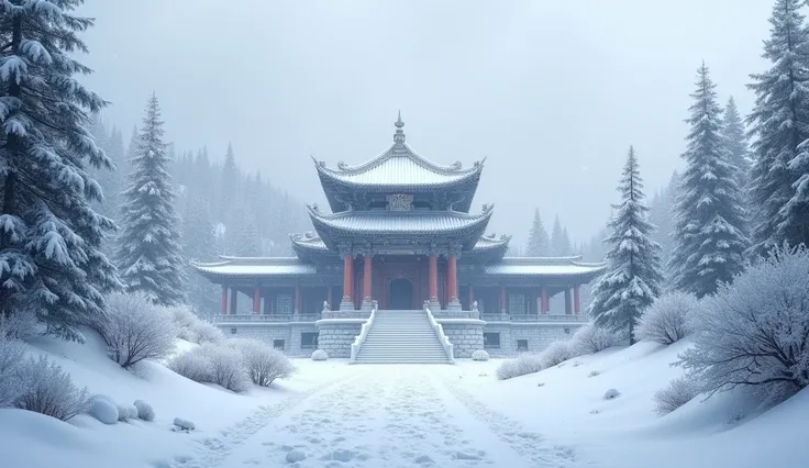 View of the temple in winter surrounded by heavy snow.