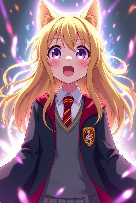 anime style, A girl, with blond hair with lilac eyes , with the Gryffindor uniform singing ,  around there are flashes of colors forming a cat