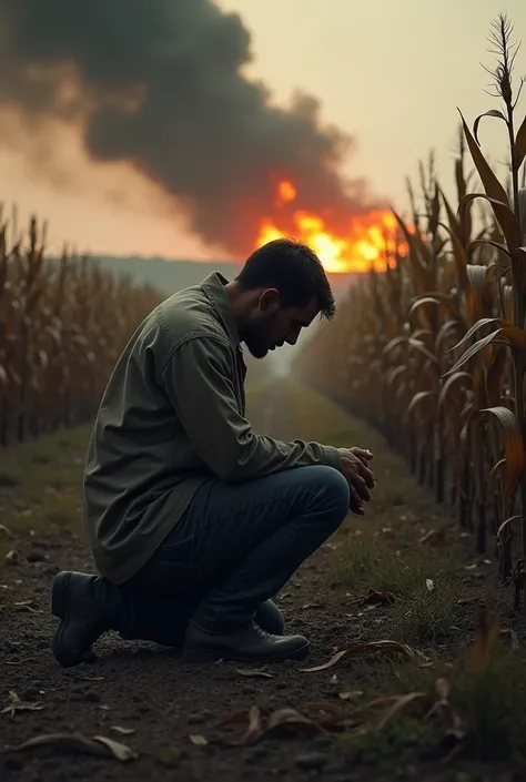  Create an image of a man on his knees sad because the corn plantation died, your house on fire ,  your car with flat tires  