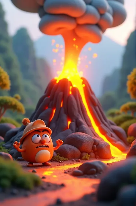 Small volcano spewing lava with cute and angry 3D character