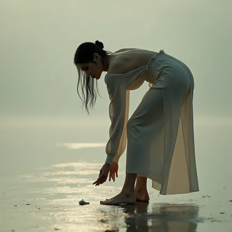 Women, Picking something up from the ground,  seen from behind ,  looking at the camera 