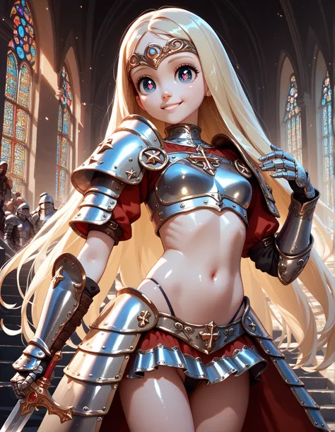  medieval atmosphere  ((1 , very young,  Very small , Long blonde bob hair ,  heavenly eyes ,  big eyes, Complexion , Exposed abdomen, armor crop top,  exposed channel,  exposed arms armour mini skirt, Thong peeked out , improve,  small breasts ,  shiny bo...