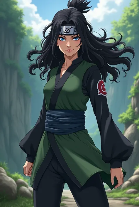 woman with curly black hair,  black eyes, Asian, Ninja from the village of Konoha and with the Sharingan 