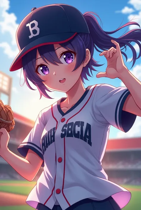 Japanese animation style、High school girl、Baseball uniform 、 Baseball Cap 、Dark Purple Long Hair、single ponytail、 purple pupils