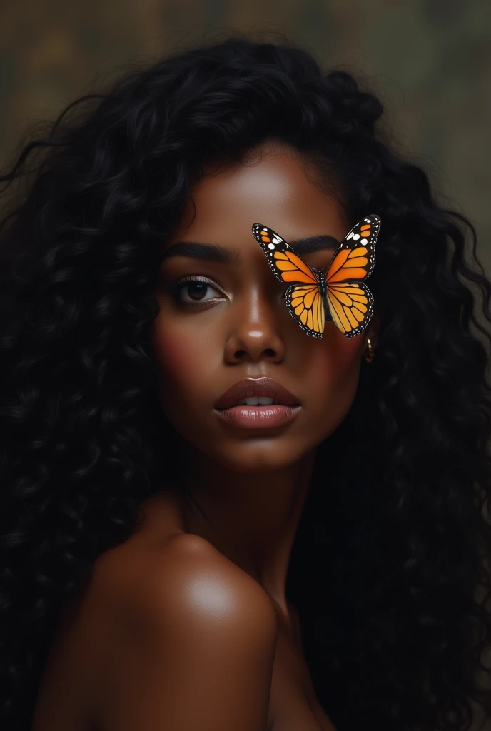  A black Brazilian woman with long curly hair, with a butterfly on her face dark background  