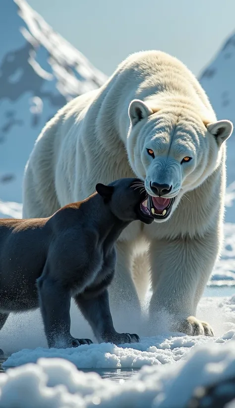 create a realistic image  "An intense scene showing a Panther and Polar Bear. The panther ,  with defined muscles and detailed eyes ,  with its teeth embedded in the skin of the polar bear .  The Polar Bear , huge and muscular,  has a defensive stance ,  w...