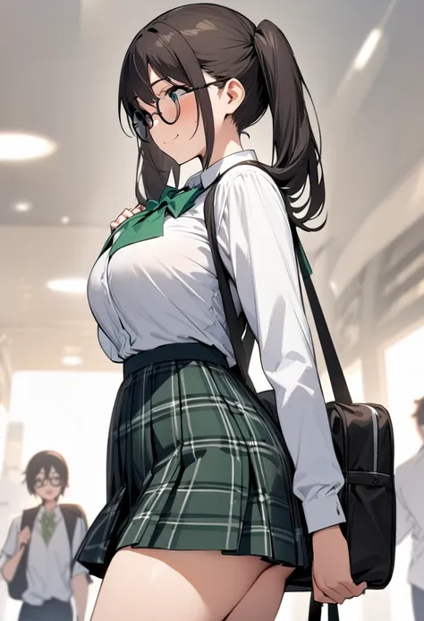 ( masterpiece , top quality:1.2),  1 girl, Alone,  Expressive Eyes , Walking with a student bag on his shoulder ,  straight hair,  dark hair twintails, Round Glasses, ((( Perfect Face Girl Walking With Her Student Bag On Her Shoulder))),  Big Breasts High ...