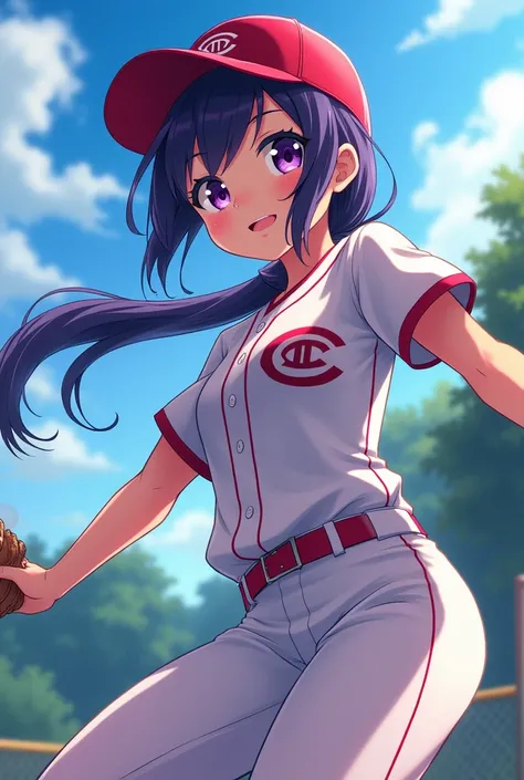 Japanese animation style、High school girl、Baseball uniform 、 Baseball Cap 、Dark Purple Long Hair、single ponytail、 purple pupils