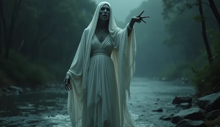 La Llorona dressed in white raising a slender and bony hand,  pointing to the dark river .  Medium plane with emphasis on gestures and emotions .  hyperrealistic style ,  photorealistic and cinematic .