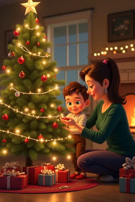 Boy helping his mom decorate a Christmas tree