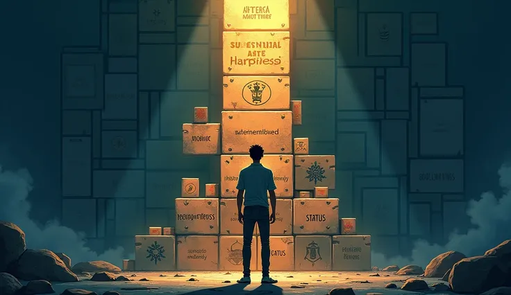 {  
  "prompt": " An illustration in animated artistic style ,  inspired by the colors and textures of Arcane ,  shows a man in front of a huge wall built with blocks .  Each block has inscriptions like money ,  status , achievements ,  recognition . The m...