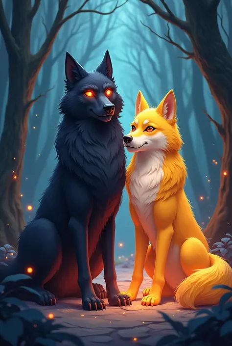 Cartoon black wolf red eyes and golden wolf