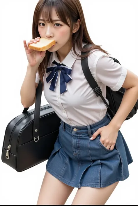 One girl, masterpiece, top quality, super detail, high school girl with a slice of bread in her mouth, running in panic. Panicked, impatient expression, holding school bag, high school girls clothes, school route.