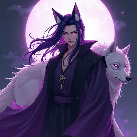 Jack, a wolf prince having long dark purple hair pushed behind his back and two long strands from the side of his forehead being blown in front by wind in like bichuan in “dear Mr. Heavenly fox”, having purple fox eyes, long purple nails, a stern yet very ...