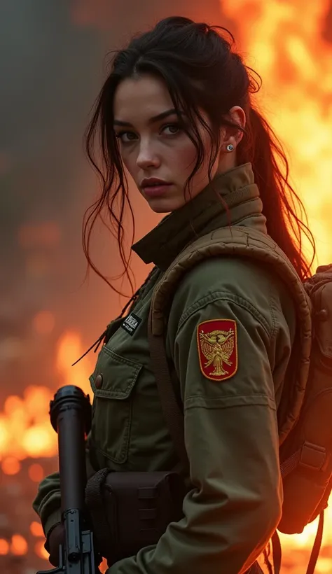 the same as before but her with army clothes and fire around them