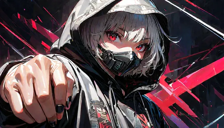 Kaneki Female Vtuber Edition, sexy, G Cup, Street Fashion,tattoo,Tribal tattoo,punching, SFW, kk, best quality, detail, masterpiece, kaneki ken, abstract, whole body, Female focus, Red eyes, alone, mask, Black nails, bangs, look at the audience, hood, shor...