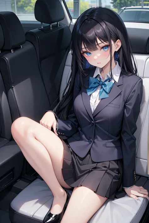 High school students ， already, Black Hair ， With warm blue eyes ， Wore a brand new blue suit and black heels ， Pure white collar and bright green bow 。 has long Black Hair and warm blue eyes ， Lean back in the car seat ， Pose Alluring , spread legs , lowe...