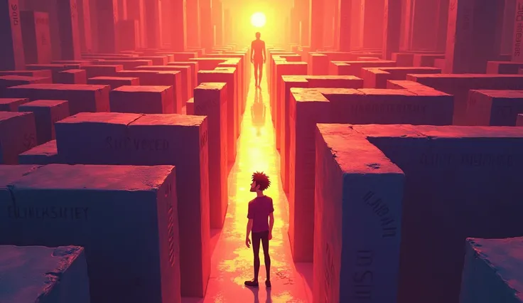 {  
  "prompt": " In an animation style similar to Spider-Man : Into the Spider-Verse ,  is shown to Mark ,  an animated young man with a full beard ,  dark brown hair and voluminous ,  walking through a huge maze .  The walls of the labyrinth have words e...