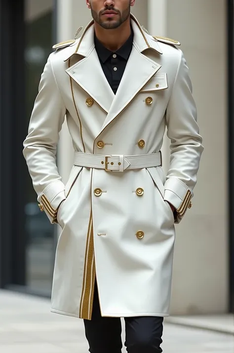 Draw me a stylish white trench coat with gold stripes for men