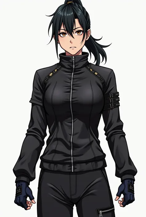 Jujutsu Kaisen character. 18 year old man,  defined muscles ,  dark brown hair tied in a ponytail .  Firm brown eyes and haughty posture .  Wears a reinforced leather jacket and training pants, with combat gloves on her fists .