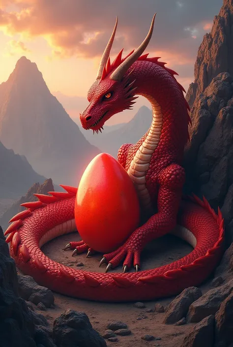 An image where a red dragon is making a red egg