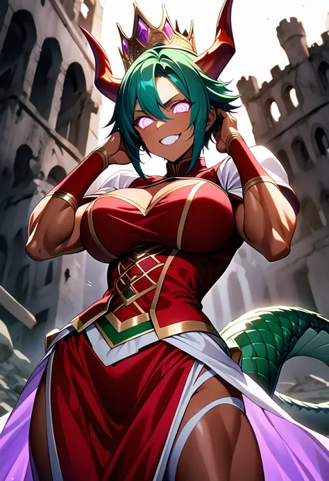 Score_9,Score _8_up,Score_7_up,Score_6_up,Score_5_up,Source_anime,Solo beautiful dragon woman,dark skin,dragon horn,dragon tail,looking at viewer,grin,(large breast),wide hip,muscle,glowing purple eyes,(spiral eyes),BREAK,deepgreen hair,long hair,red royal...