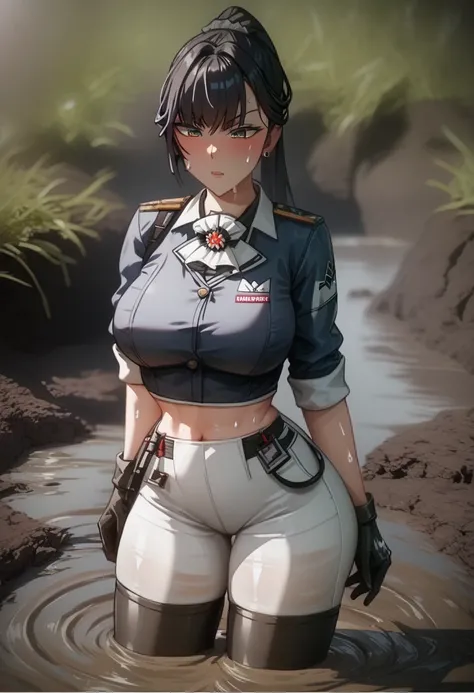 Marciana ( goddess of victory :nod),Black thigh-high boots,white skinny pants ,dark blue shirt with rolled up sleeves ,Black gloves, dark hair ponytail ,,recording, is standing,sweat,底なしSwamp,Swamp,Quick sand,Be buried(Thighs), horizontal ,Muddy,
