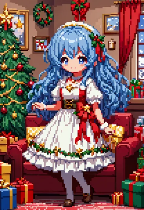  A cozy living room painting ， Full of colorful Christmas gifts ，Christmas tree， Very detailed interior design ，  Lively Colors  ， Pixel Art , Blocks,  Pixel Art 风格, 8-bit graphics, Anime Girl， Messy blue hair ，  blush，  charming smile ， Flowy Dress ，Hair ...