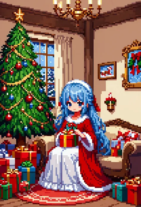  A cozy living room painting ， Full of colorful Christmas gifts ，Christmas tree， Very detailed interior design ，  Lively Colors  ， Pixel Art , Blocks,  Pixel Art 风格, 8-bit graphics, Anime Girl， Messy blue hair ，  blush，  charming smile ， Flowy Dress ，Hair ...