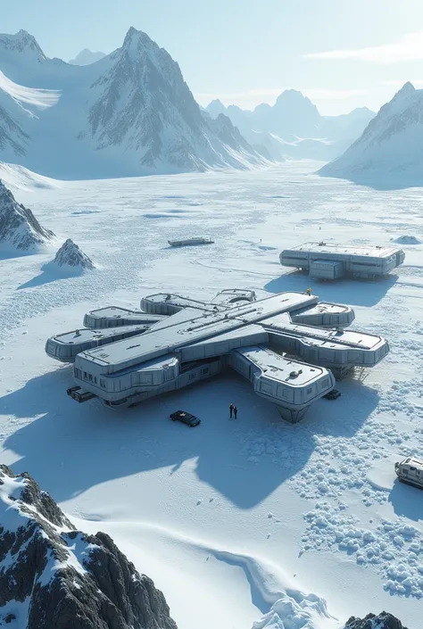 Simulate a photograph of a very large secret base in Antarctica , very realistic 