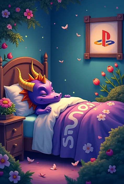 Spyro laying in bed covers the blanket with printed Words in all caps "SONY" logo on the top of the blanket, then Spyro closes his eyes and starts sleeping with lots of Birds inside the bedroom With flowers Mini trees Tulips Ferns and bushes in the bedroom...