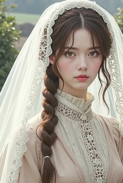  A young and beautiful woman , brown-haired and brown-eyed , She is 21 years old,  set at the time of 1960 in England. Her dress is from the Victorian era, and she has an empty, emotionless, expressionless gaze.