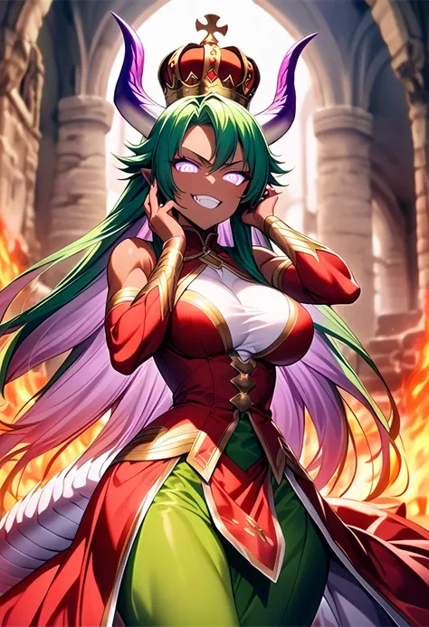 Score_9,Score _8_up,Score_7_up,Score_6_up,Score_5_up,Source_anime,Solo beautiful dragon woman,dark skin,dragon horn,dragon tail,fang,looking at viewer,grin,(large breast),wide hip,muscle,glowing purple eyes,(spiral eyes),fire,BREAK,deepgreen hair,long hair...