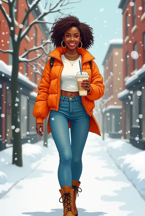  Uma vibrant and cheerful illustration of a young woman walking in an urban environment during winter, surrounded by falling snow .  She has short, curly hair ,  A radiant smile ,  and is dressed in a bright orange quilted jacket . underneath,  she wears a...