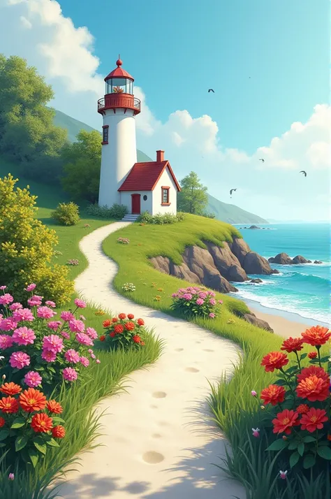 hill next to the sea, with flowers and trees, on the left a path of white sand leads to the beach and the sea, on the right and in front a lighthouse with a window with flower pots, on the hill next to the sand beach vegetation and further up the hill gera...