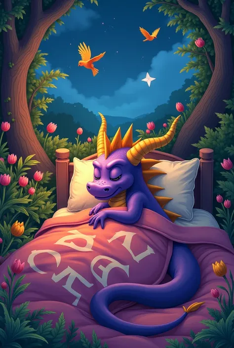 Spyro laying in bed covers the blanket with printed Words in all caps "SONY" logo on the top of the blanket, then Spyro closes his eyes and starts sleeping with lots of Birds inside the bedroom With flowers Mini trees Tulips Ferns and bushes in the bedroom...