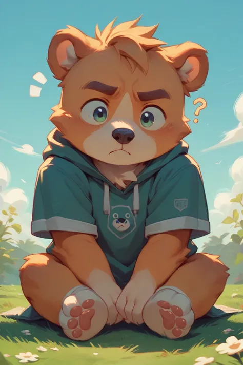 Cute small anthropomorphic baby bear sitting on the ground confused and thinking hard to himself